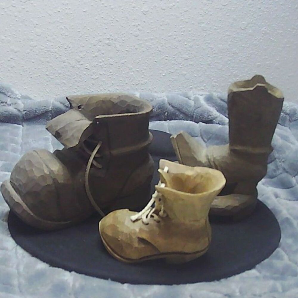Lot of 3 Hand Carved Mini Wood Boots, Signed 2"-4" Tall Unique Vintage